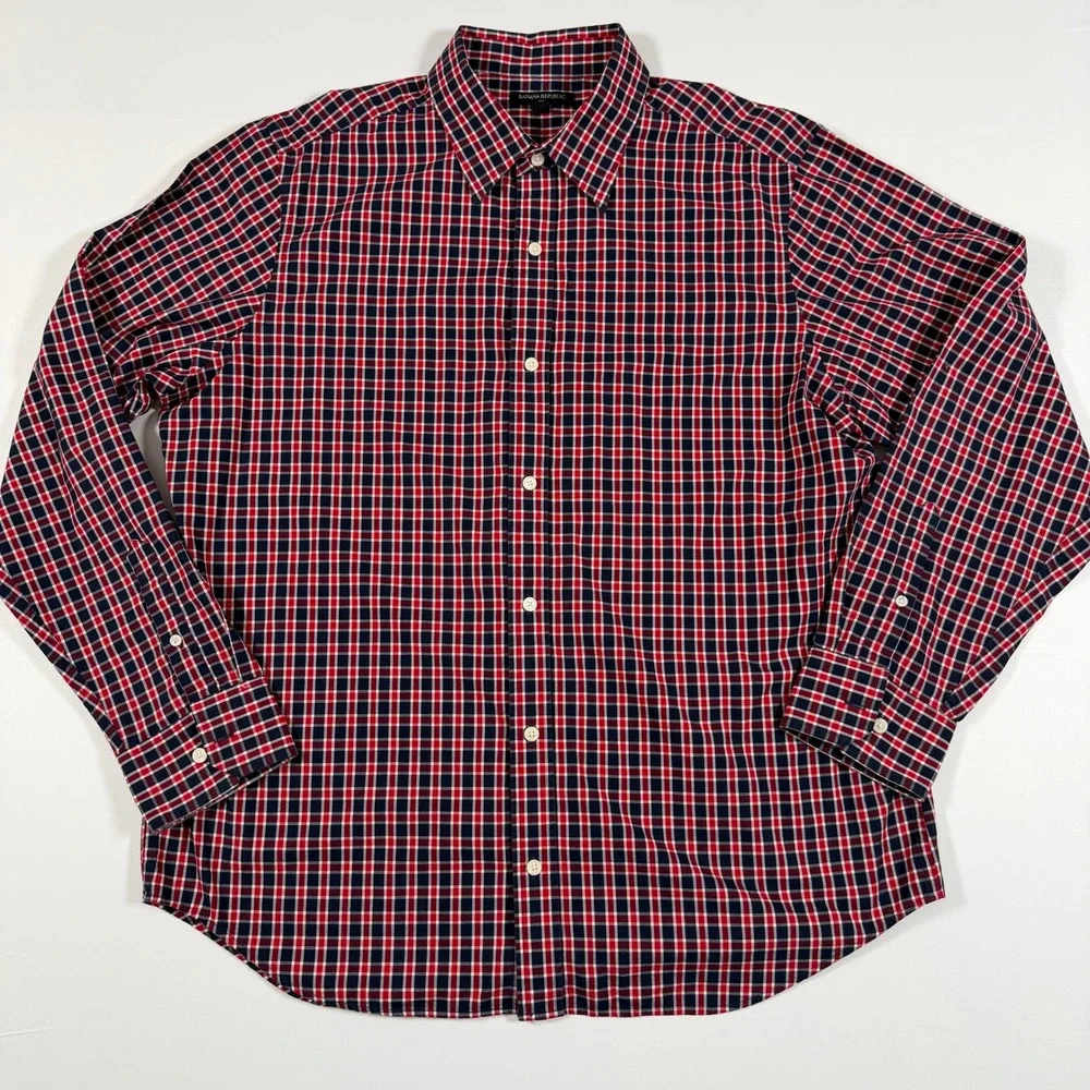 Banana Republic Shirt Check Men XL Ruby Red Plaid Cotton Button Down Long Sleeve